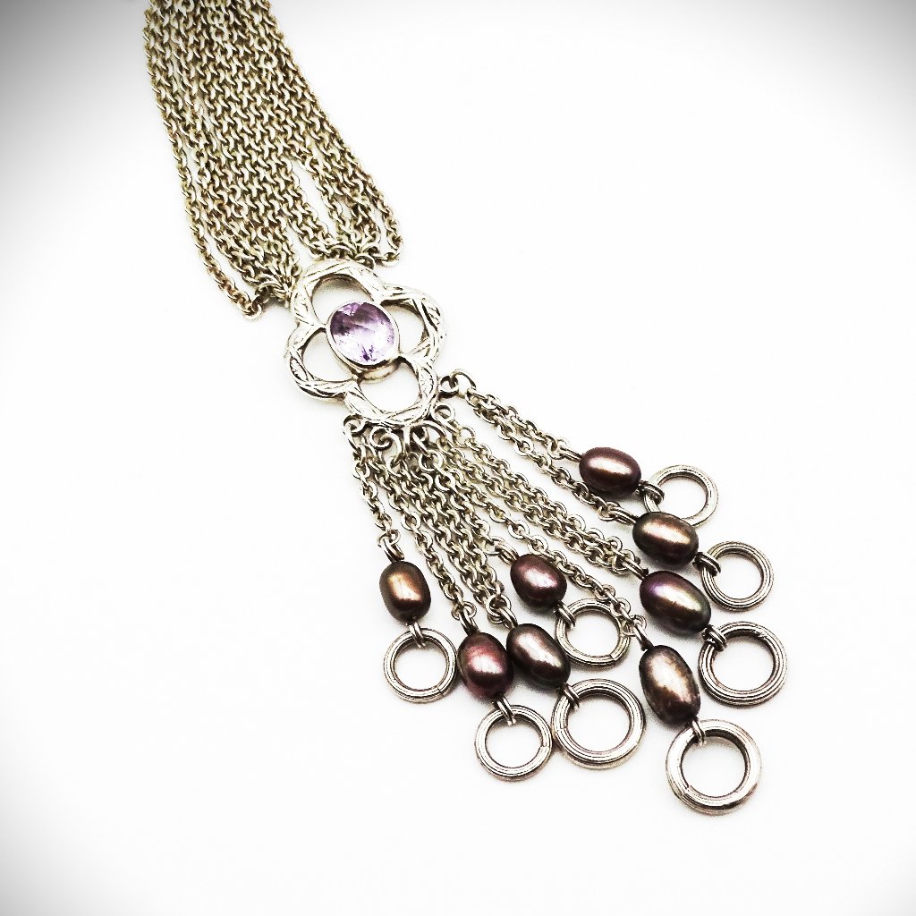Stephen Dweck Sterling Silver Dyed Pearls & Amethyst Tassel Necklace
